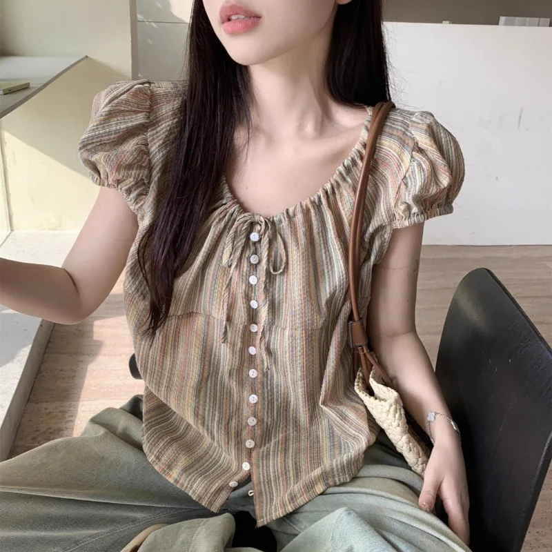 Short Shirts Women Spring Summer Tops Striped O-neck Loose Bow Puff Sleeve Design Sweet Chic Lovely Female Minority All-match