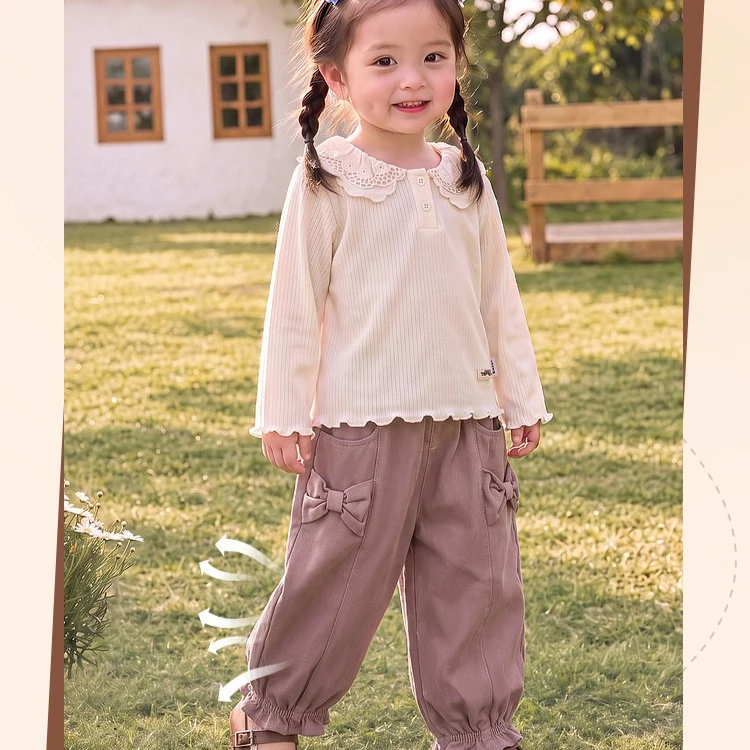 Girls Pants 2026 Autumn and Winter New Children's Clothing Korean Style Girl Baby Sweet Bow Pure Cotton Bunched Pants