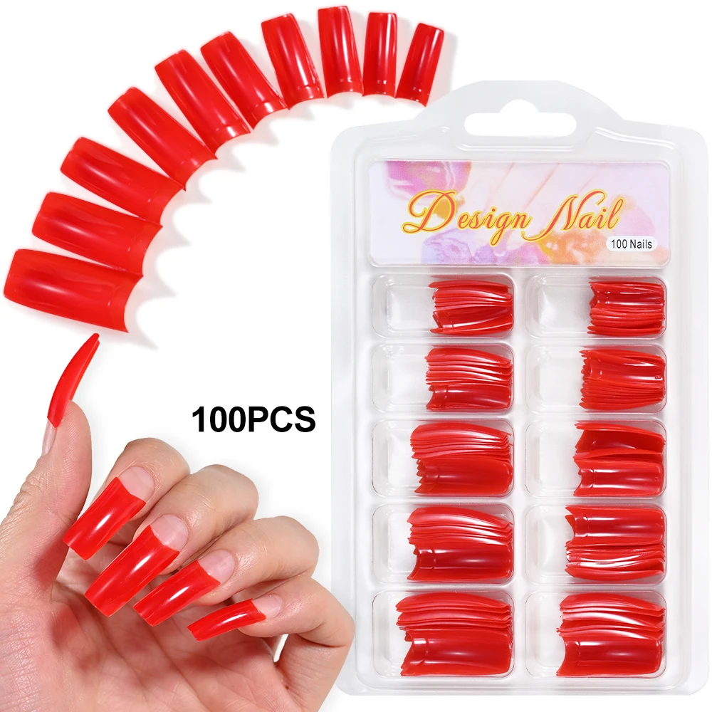 100Pcs/box Long Ballet False Nails Black/Red Reusable Acrylic Press On Nail Tips Wearable Solid Color Artificial Fingernails