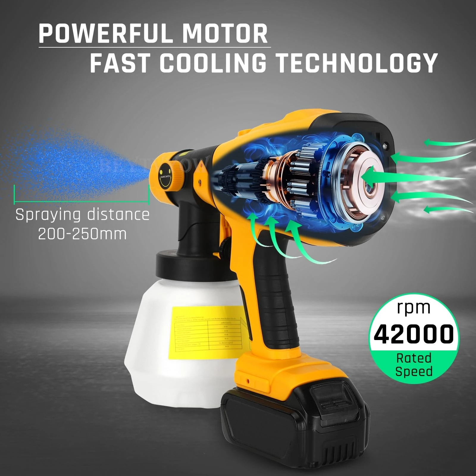 

Beytvyow беспроводный красочный распылитель совместим с батареей Dewalt 20V 200W HVLP красочный пистолет 18V красочный распылитель с 42000rpm бесщетковым двигателем 4 медные сопла для кресел забора DIY Картина 1600ML / min 40Din-sec