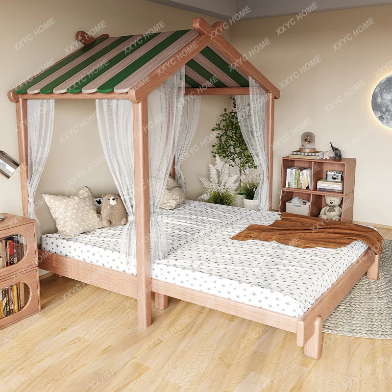 Lit rétractable tout en bois massif pour enfants, maison pour garçons et filles, petit appartement, épissage avec garde-corps, lit coulissant de 1.5m