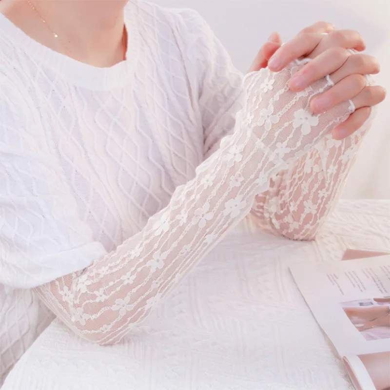 Summer Mesh Flower Lace Fingerless White Mittens Female Gloves Women Knitted Gloves Lolita Style Arm Sleeves Photo Props