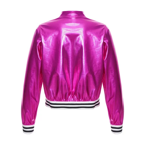 Imagen 2 del producto Trajes holográficos para niñas, chaqueta Bomber plateada metálica, abrigo de manga larga con cremallera frontal, traje de baile de Hip-hop de Jazz moderno