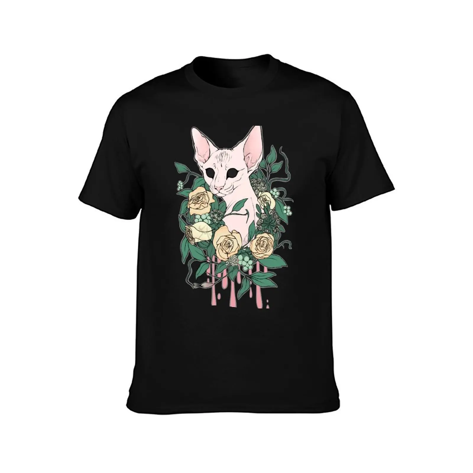 Light Floral Feline T-Shirt, Summer Casual Cotton Tee, Oversized Streetwear Tops, Vintage Graphic Print, Loose Fit Short Sleeve
