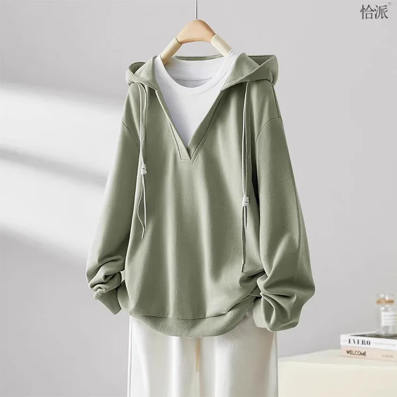 Women Spring Autumn Korean New Hooded Collar Pullover Fashion Design Fake 2-piece T-shirt Loose Large Versatile Long Sleeve Tops