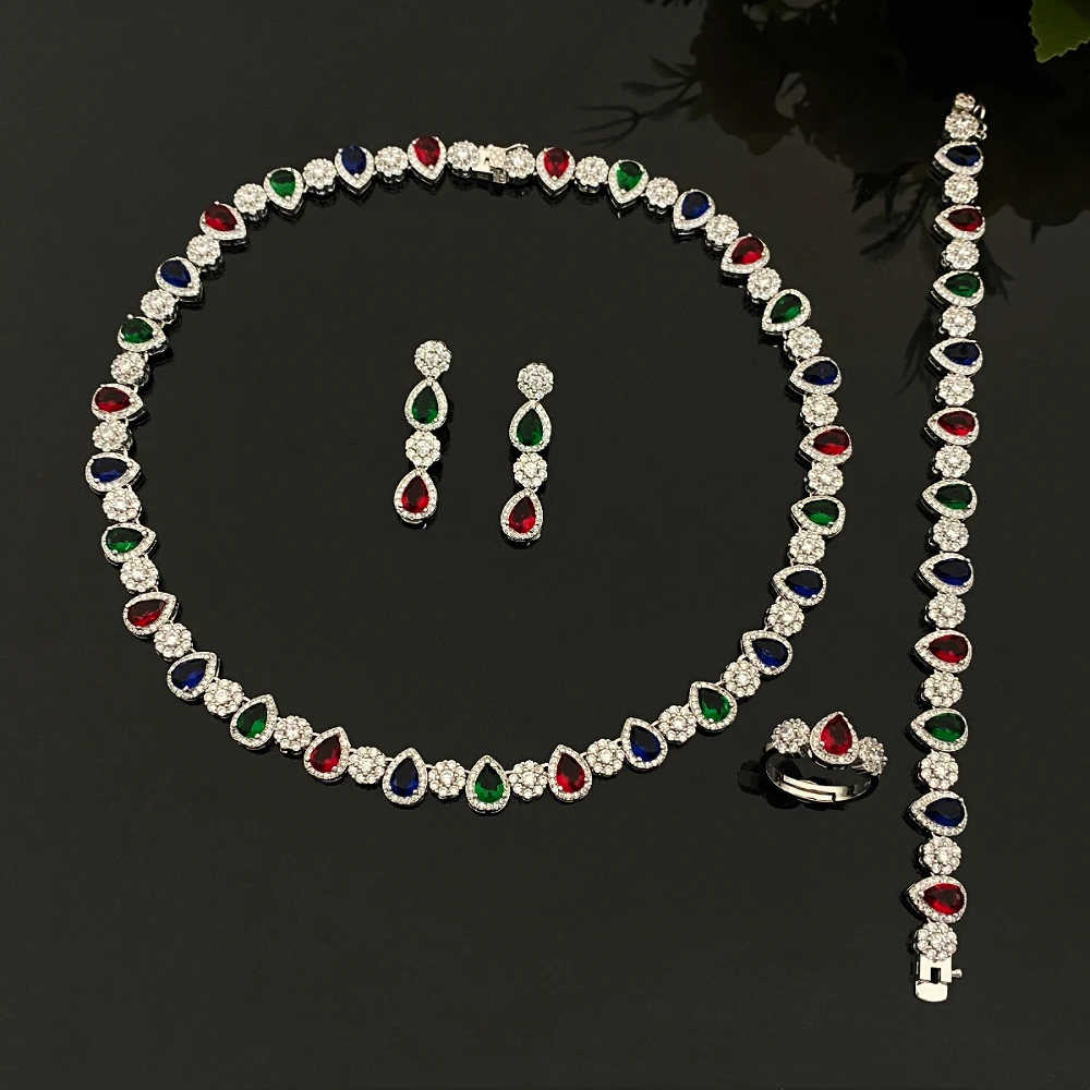

JRH Arrival Waterdrop Zircon Gold Plated Brass 4PCS Jewelry Set Statement Ring Necklace Dangle Earrings for Women Evening Party