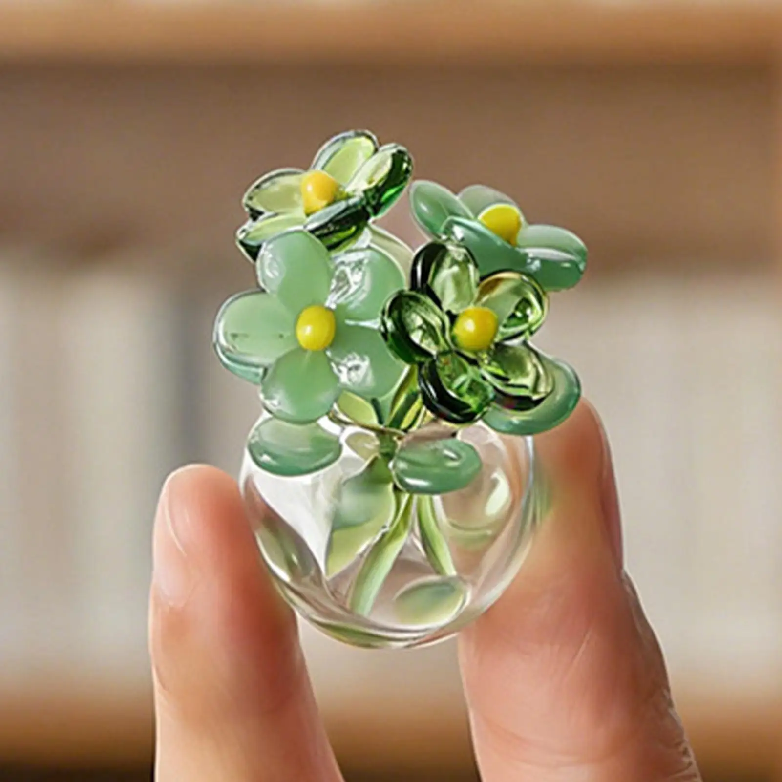 Mini Glass Flowers Artificial Bouquet with Small Vase Handmade Green Leaves Table Centerpieces for Home Office Wedding Decor