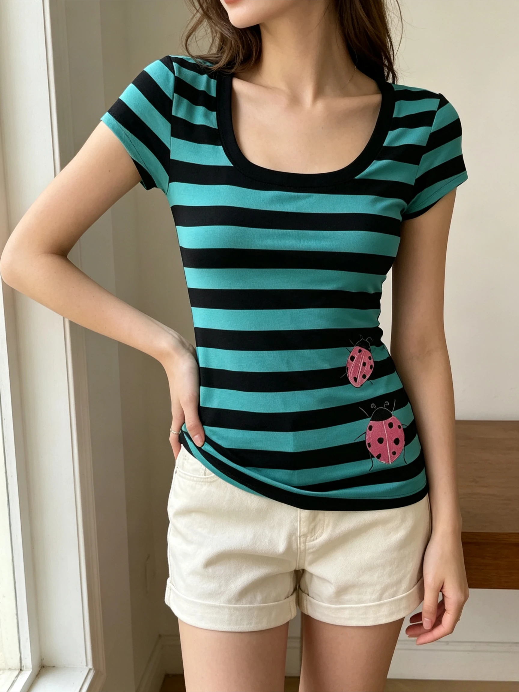 Y2K Teal Black Striped Short Sleeve T Shirt Square Neck Ladybug Print Slim Fit Stretch Fabric  Streetwear Summer Basic Tee Top
