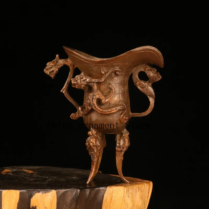 Antique gilt-bronze three-legged dragon-shaped wine vessel, large horn-shaped cup, ancient wine cup, water cup, home decor, tea