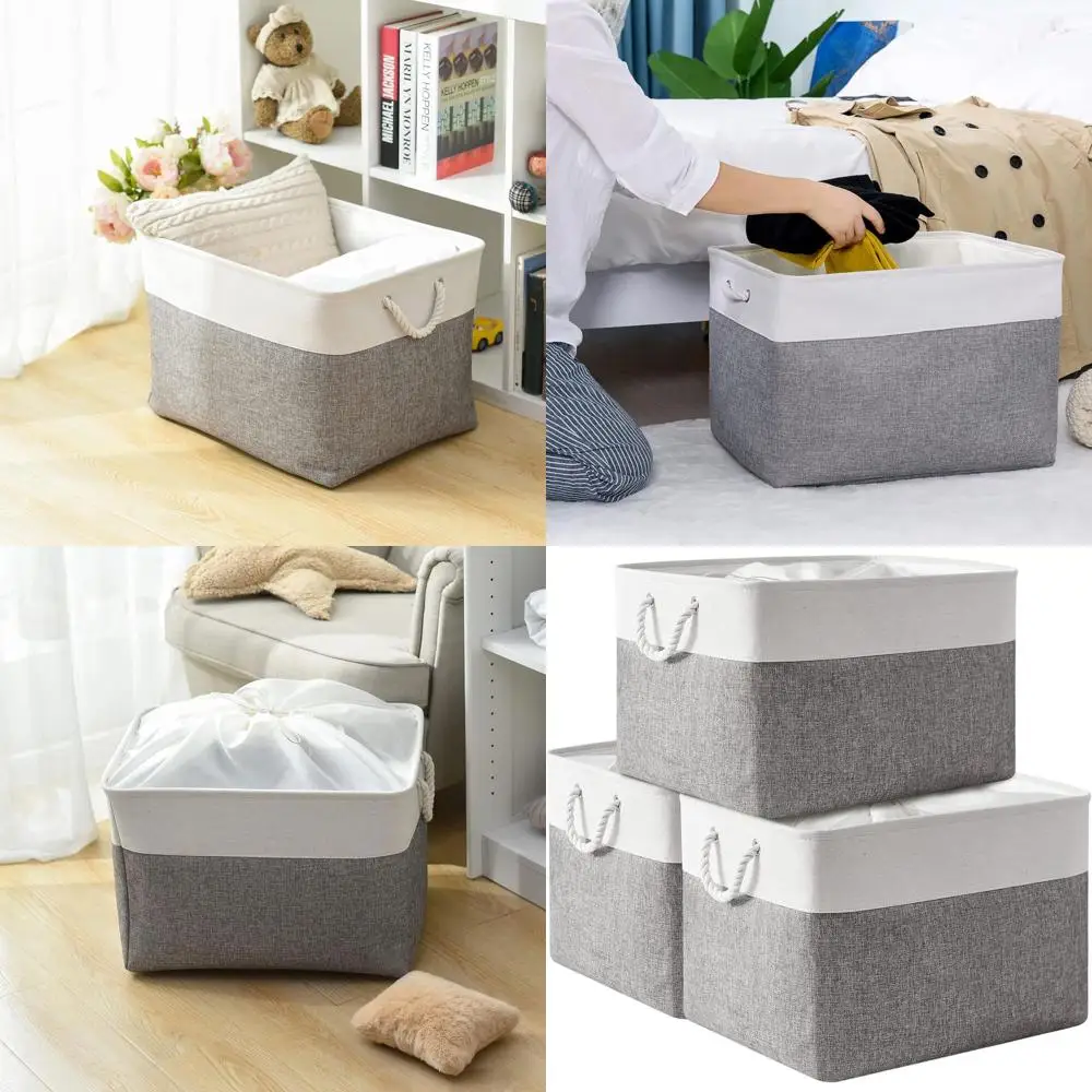 

Прочные тканевые корзины для хранения из 3 штук с ручками, складные органайзеры для полок, шкафов и детских помещений белого и серого цвета.