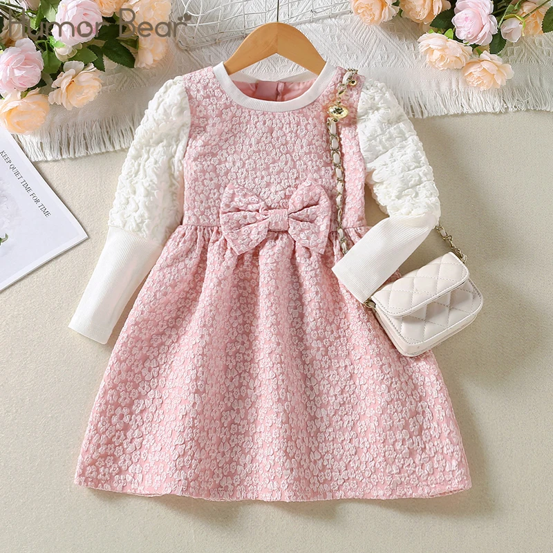 Humor Bear Girl Dress Autumn  Puff Sleeve Lace Princess Dress Flowers Birthday Party Dress For 3-7Y