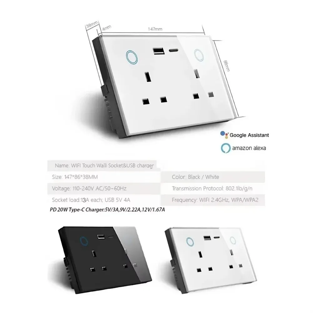 

Adea Uk Zigbee Wall Socket Power Monitor Outlet Switch Plug Usb Type-c Wireless Remote By Alexa Google Home
