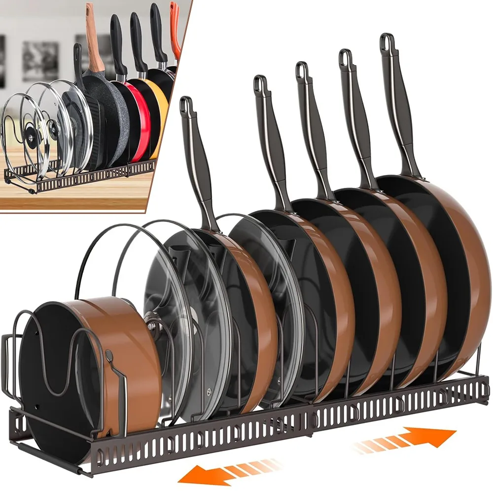 Organizzatore Espandibile per Pentole e Padelle, Porta Coperchi per Armadio da Cucina con 10 Scomparti Regolabili, Supporto per Utensili da Cucina per la Conservazione nell'Armadio