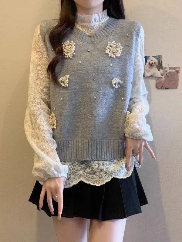 

3D Flower Embellied Pure Color Knitted Sweater Vest Women's Spring Autumn New Sle irt Outerwear Tank Top Vest