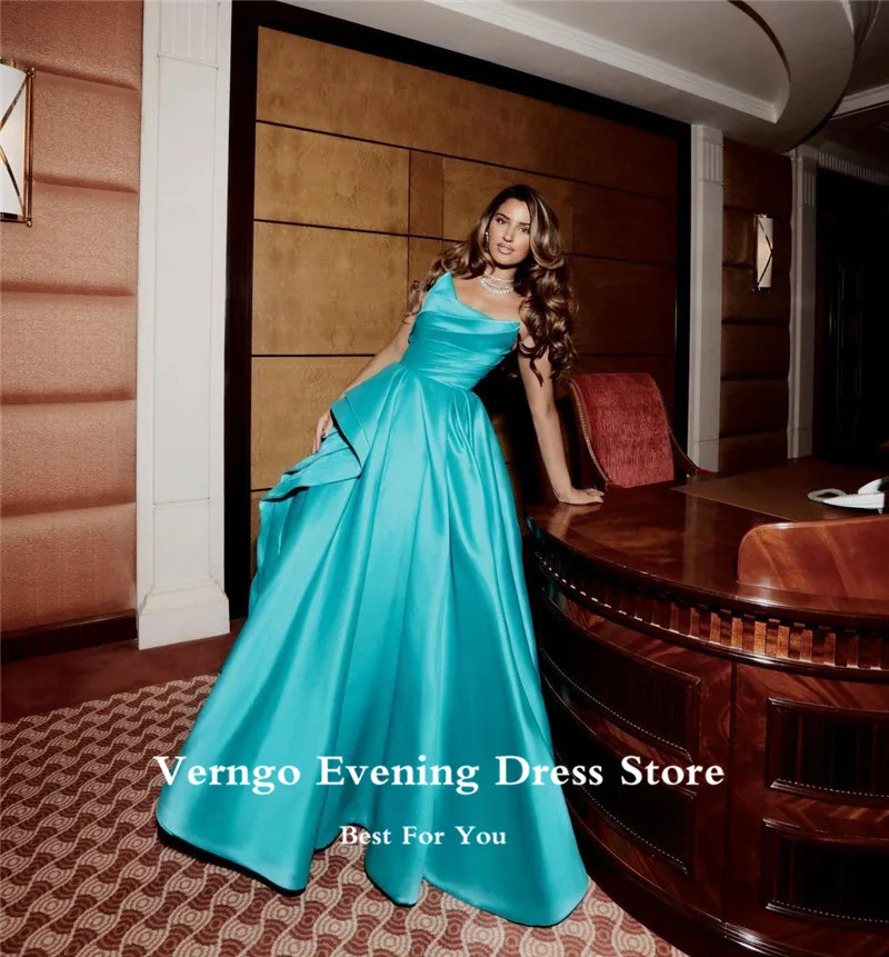 Verngo Hot Pink/Turquoise Silk Satin Long Evening Dresses Strapless Ruffles Side Floor Length Prom Dress Formal Dress Customized