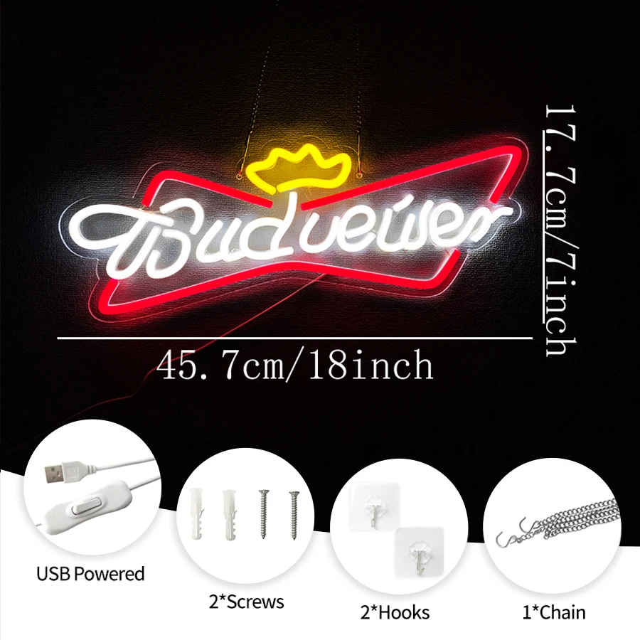 Budweiser Neon Lights, Bar Business Signs Night Lights, Crown Signs, Used For Men'S Caves, Bars, Garages, Shops Art Decoration.