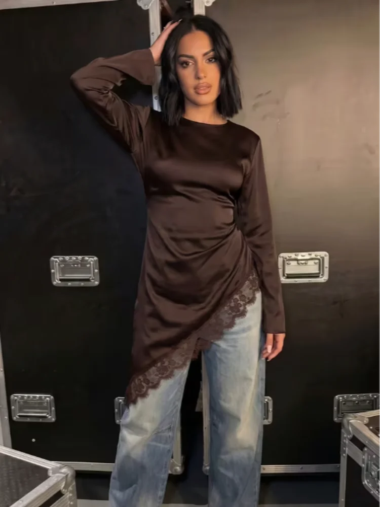 Casual Chic Satin Long‑line Blouse Crew Neck Versatile Long‑sleeve Women Tunic Tops Night‑out Layering Daily Fall Outfit