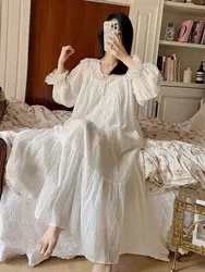 Women's Korea Style Nightdress Spring Autumn Long Sleeve Ladies Nightgowns Patchwork Lace Sweet Nightwear for Female 2024