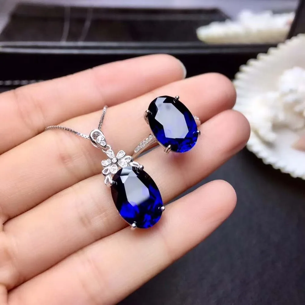 

Natural Sapphire S925 Ring Pendant Necklace Set Charming Fine Fashion Jewelry for Women Free Shipping