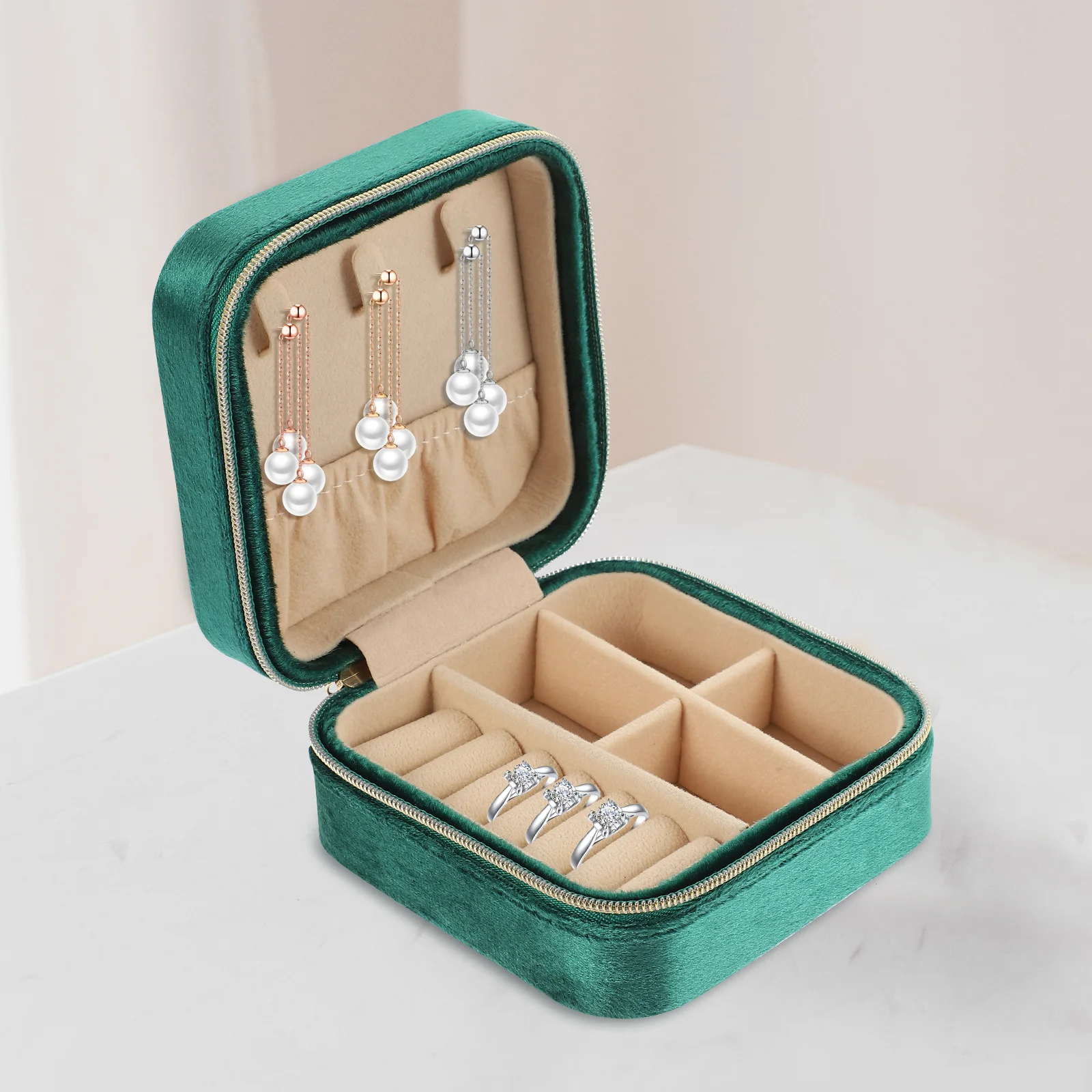 

Small Portable Jewelry Box Travel Zipper Organizer Case Desktop Storage for Earrings Rings Jewelry Holder Dustproof Protective