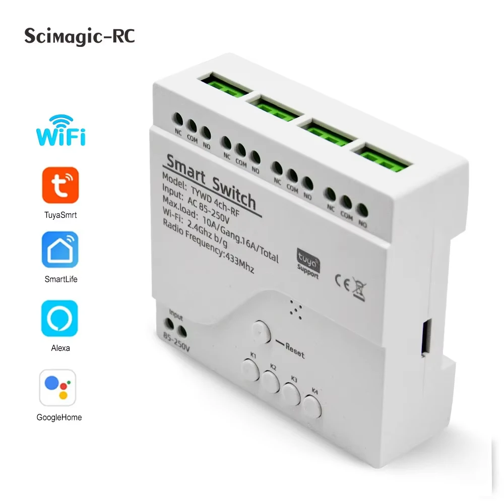Smart Tuya Schalter 4CH Relais Modul Home Automation DC12V 7-32V AC 220V RF433Mhz Fernbedienung 4 gang Arbeit Mit Alexa Smartlife