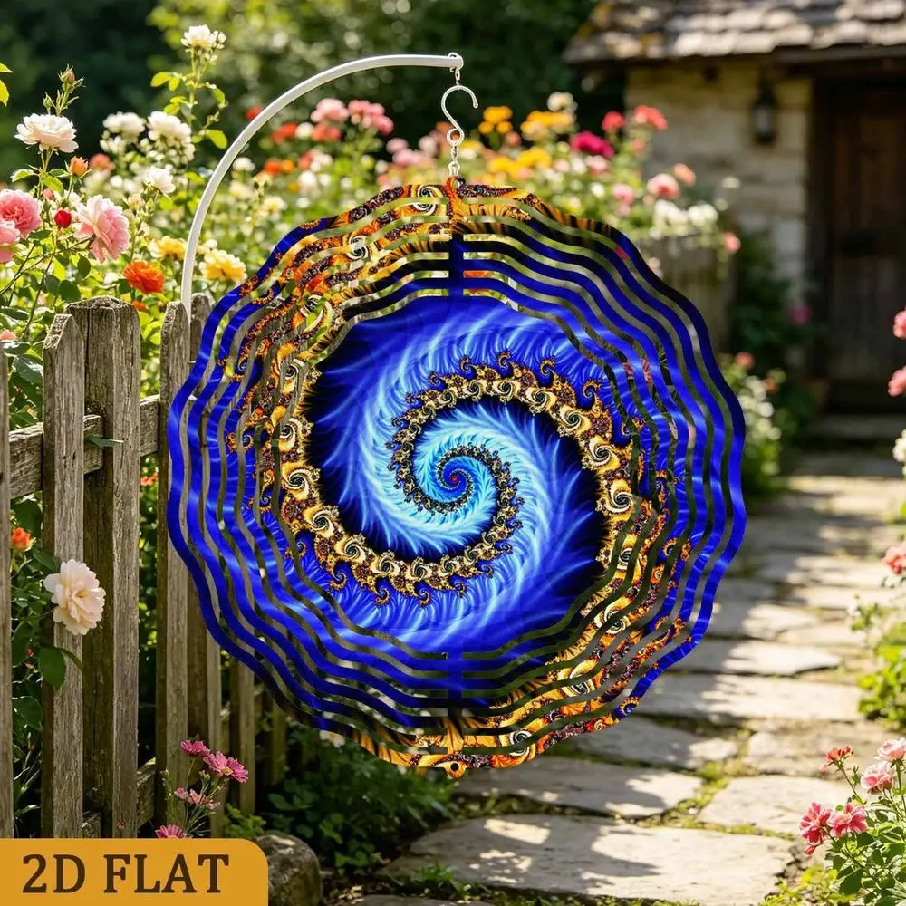 2D Flat Blue Swirl Abstract Wind Spinner - 12 Inch 3D Kinetic Metal Art for Garden Patio Balcony Indoor Outdoor Gift