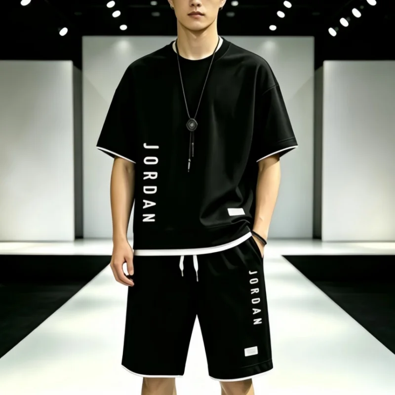 

Summer Men 2 Piece Sports Outfit Side Printed Crew Neck Tee Elastic Drawstring Waist Casual Shorts Suit