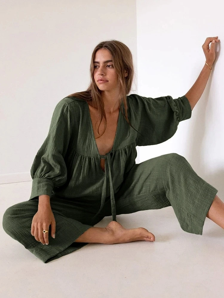 Linad Green Cotton Sleepwear V Neck Lace Up Wide Leg Pants Trouser Suits Loose Pajamas Set Woman 2 Pieces Loungewear Pijamas