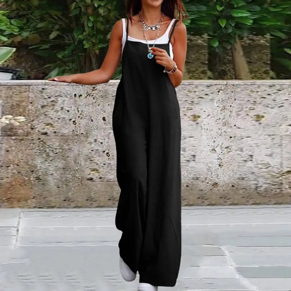 

Women Jumpsuit Stylish Women's Summer Jumpsuit with Backless Design Spaghetti Strap Wide Leg Chic Deep Crotch Pockets Full for A