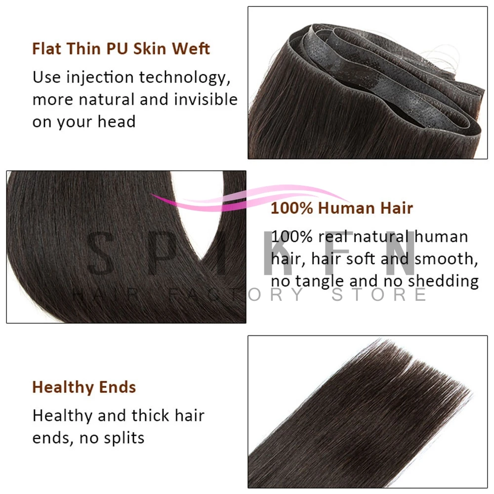 SPIKFN Long Tape Weft Human Hair Extensions Invisible Inject PU Skin Flat Weft Hair Bundles 80-100g Sewing In Micro Links Hair