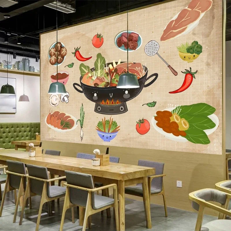 Custom 3D Wallpaper Chinese Hot Pot Restaurant Wall Mural Canvas Cartoon Tasty Food Vegetable Meat Pattern Dinning Room Decor