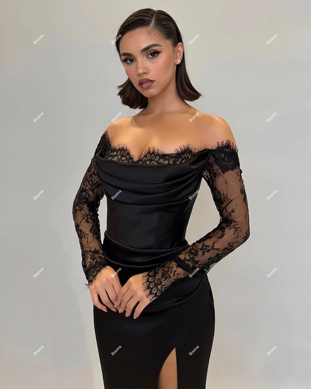 Booma Black Stain Mermaid Evening Dresses Boat Neck Lace Sleeves Formal Occasion Gowns Leg Slit Party Prom Dress for Women