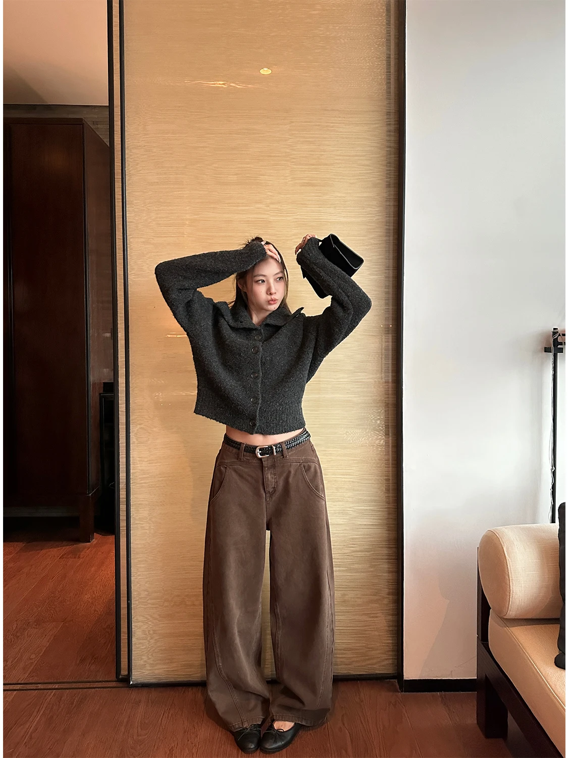 

D YANGJUN Sli Широкие свободные джинсы в стиле ретро, повседневные джинсы, женские хлопковые брюки со стойкой на талии, осень-зима, модный тренд