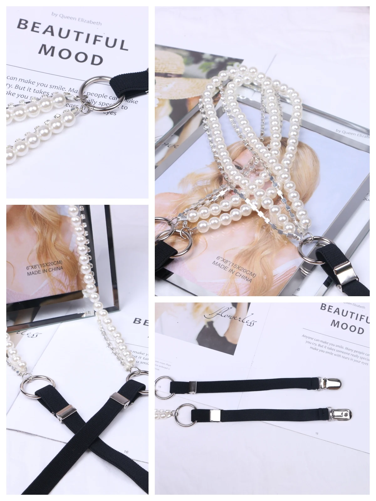 Rhinestone crytal silver claw beads suspenders For women shirt ORing Garters rubber Elasticity Belt Pearl braces for jeans Strap