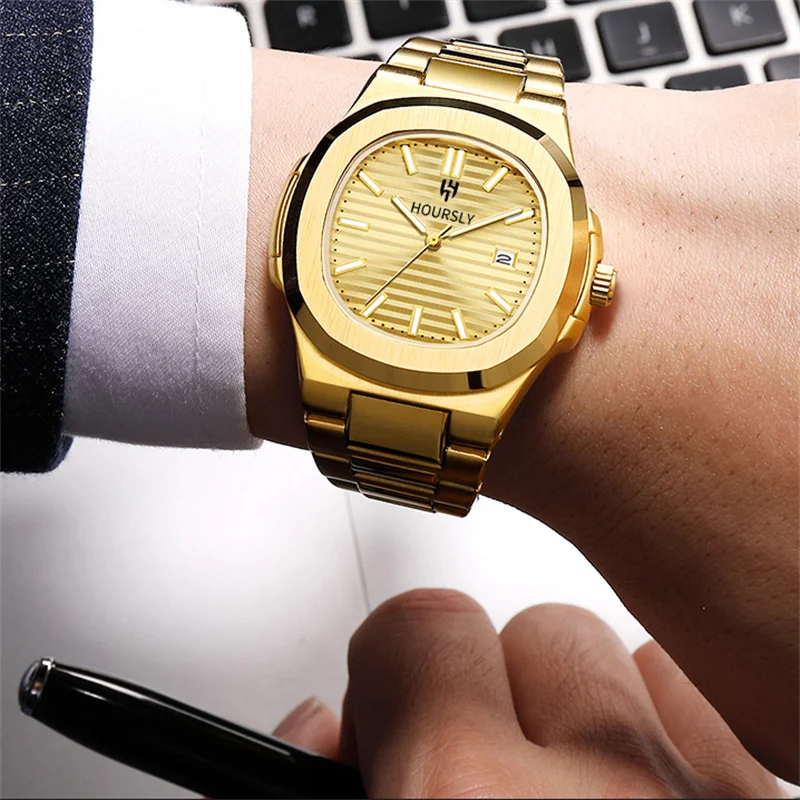 Luxury retro quartz waterproof men\'s watch with calendar simple gold steel strip high-end classic style suitable for business