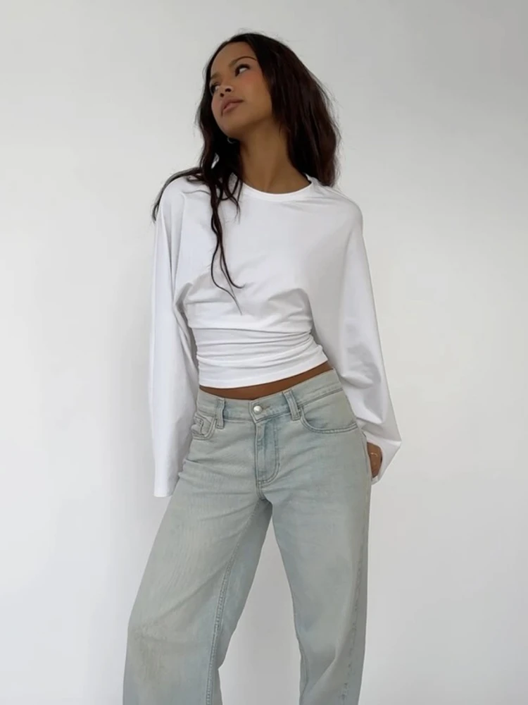 Solid Color Oversized T Shirts For Women Streetwear O-neck Crop Top Y2k Accessories Long Sleeve Camisetas Ropa De Mujer Tshirt
