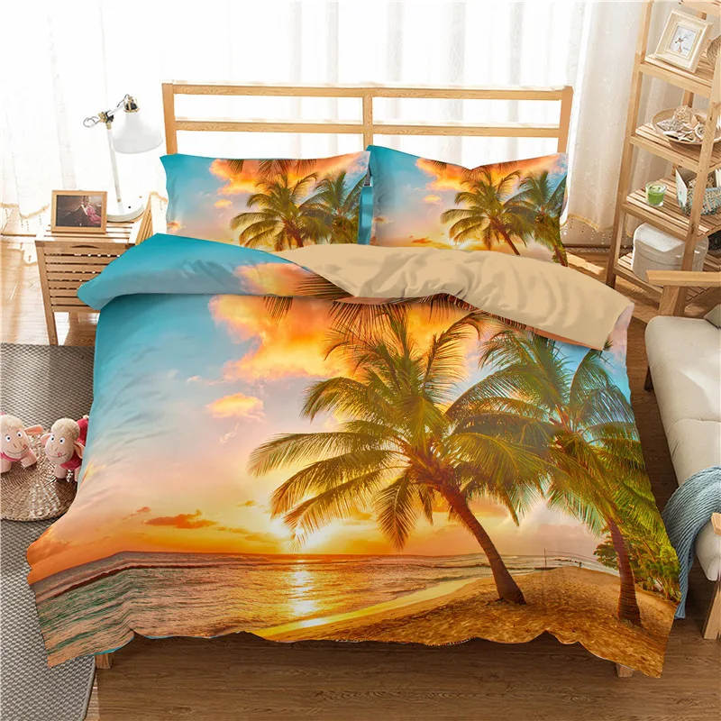 

Tropical Landscape 3D Bedding Set Microfiber Tropic Sandy Beach With Horizon At The Sunset And Coconut Palm Trees Duvet Cover