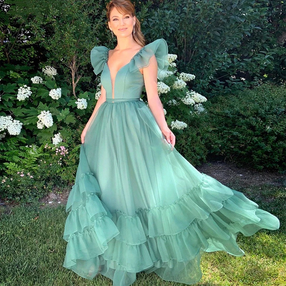 

Angelsbridep Green Short Flare Ruffles Sleeves Prom Dress Simple A Line Tiered Evening Gown Floor Length robe de soirée 2023