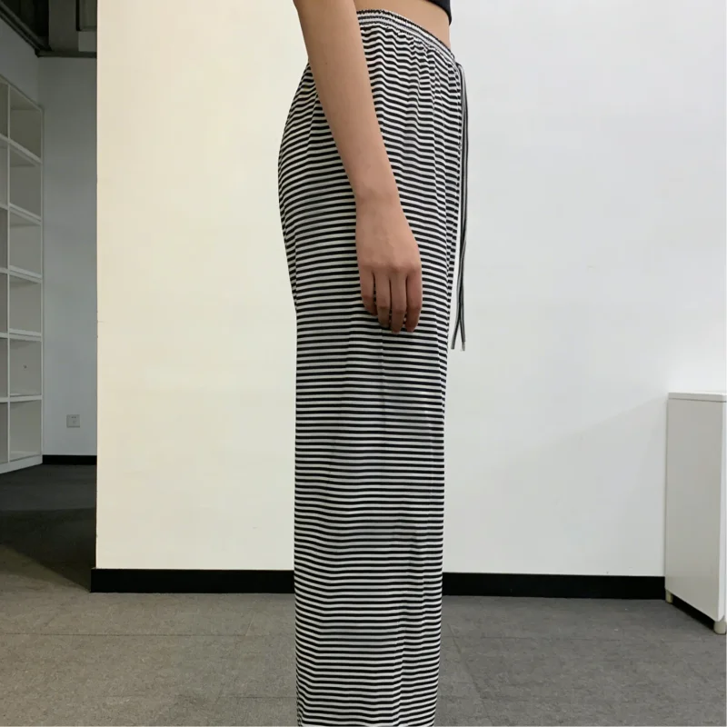 European American Striped Contrasting High Waisted Drawstring Elastic Loose Straight Leg Commuting Casual Long Pants Men Women's
