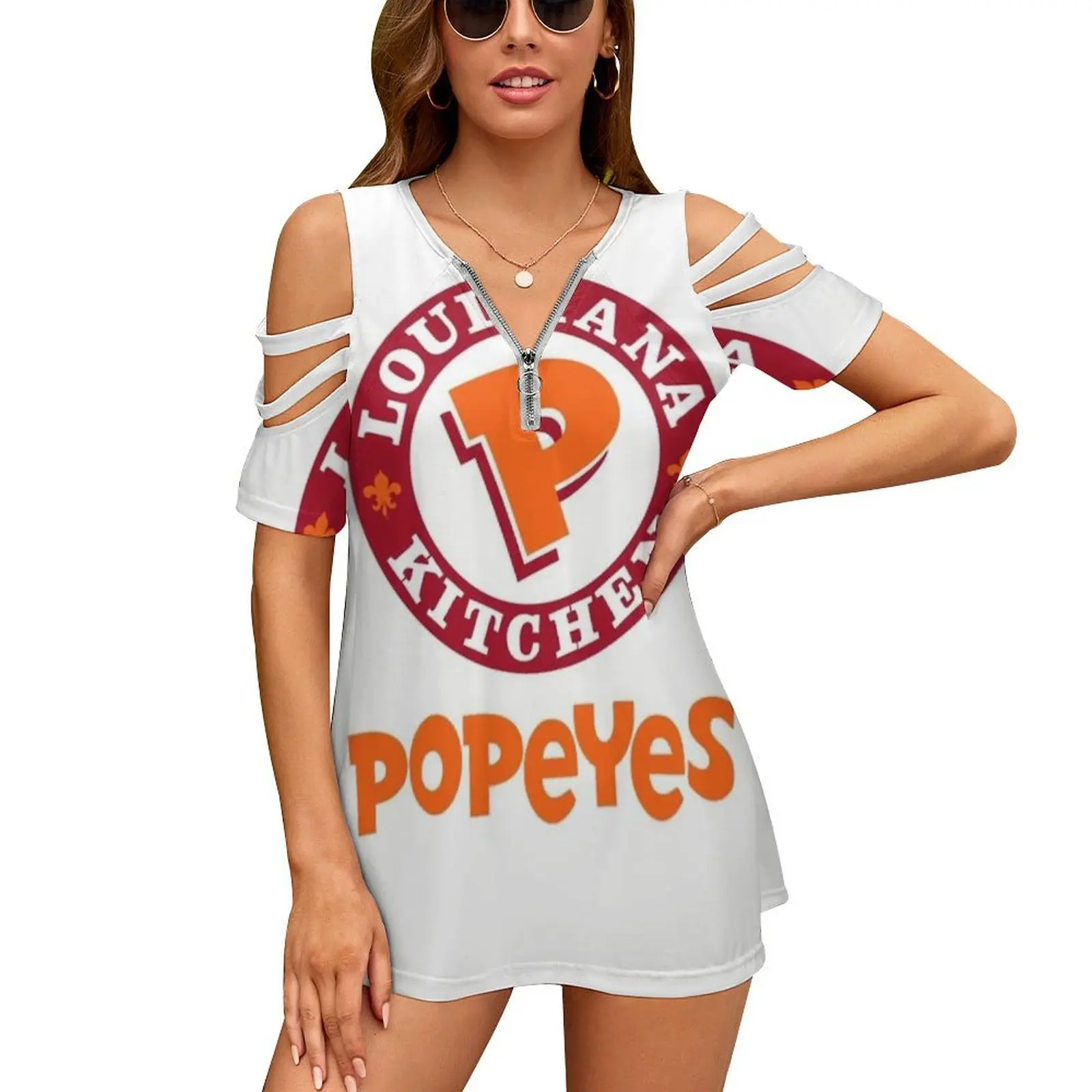 Popeyes Fastfood New Fashion Zip Off Shoulder Top Short-Sleeve Women Shirt Popeyes Fastfood Chicken Fried Chicken Burger Frinch