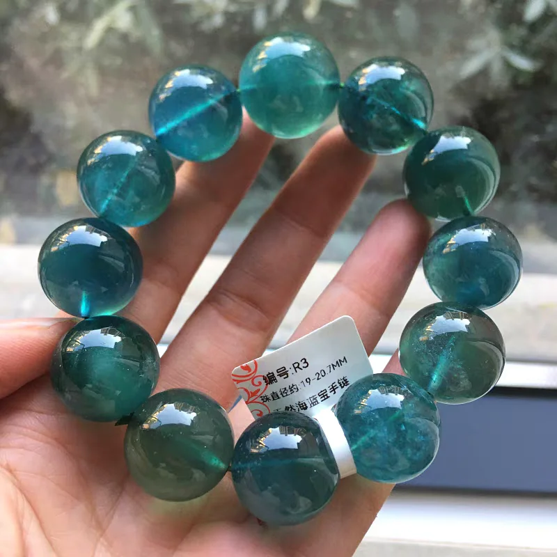 

Natural Blue Green Aquamarine Clear Round Beads Bracelet Big SIze Women Men Brazil 20mm Blue Aquamarine Jewelry AAAAA