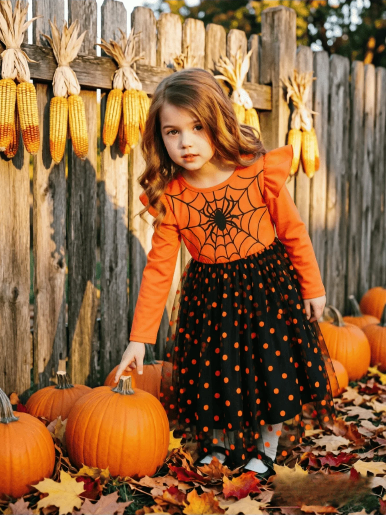 4-7-year-old girl's Halloween dress, orange-black color, round neck, long sleeves, spider print, patchwork mesh dress