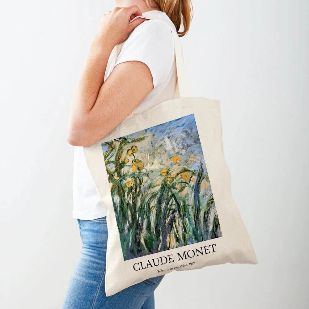 Claude Monet Garden Women Shopping Bags Casual Canvas Double Print Decor Vintage Art Girl Shopper Bag Lady Tote Handbags