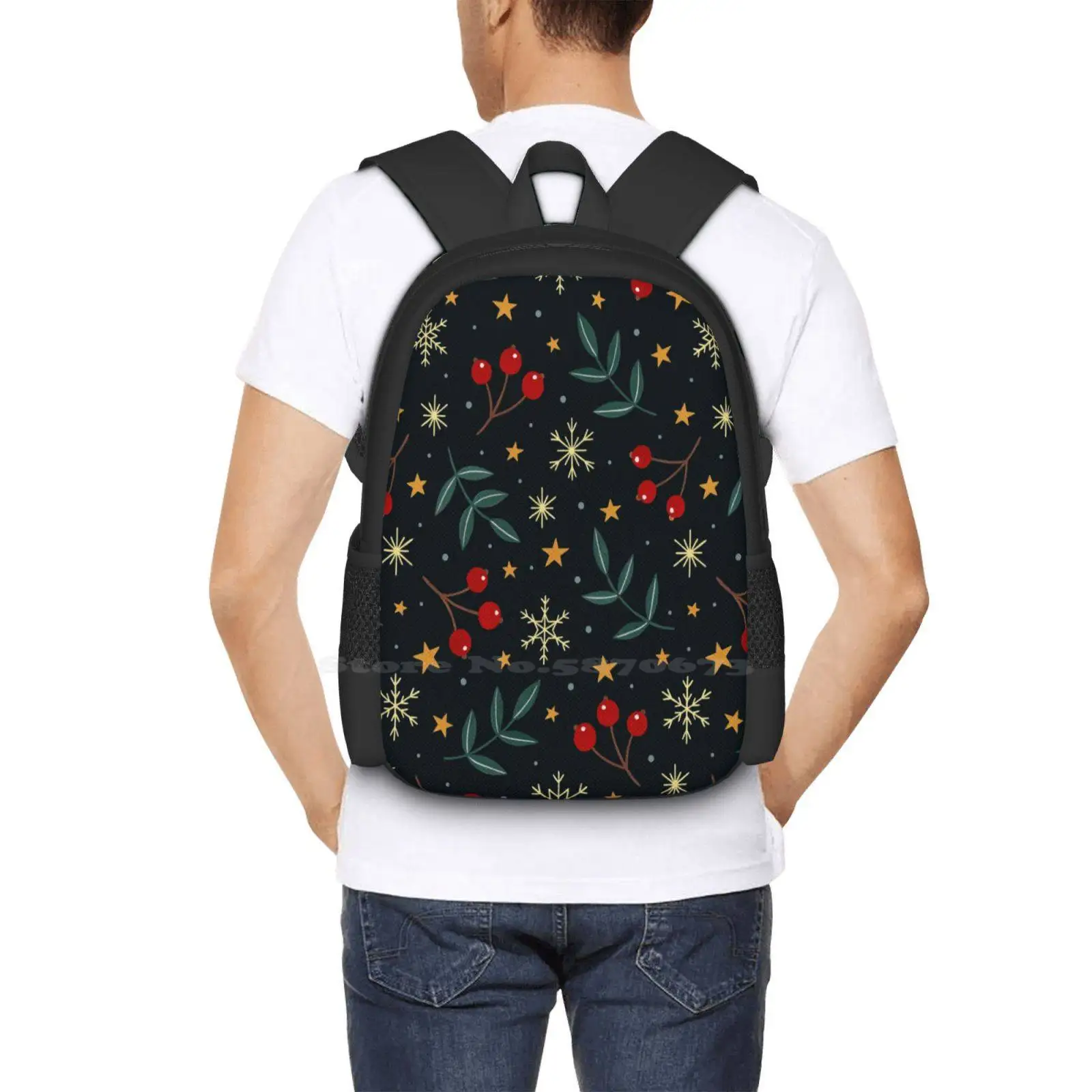 Winter Magic Large Capacity School Backpack Laptop Bags Gouache Winter Berries Berry Leaves Leaf Nature Snowflakes Stars Stary