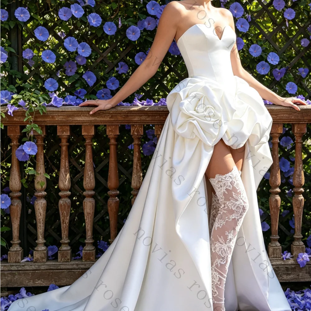 Customized Strapless Sweetheart Satin Wedding Dress Corset Bodice High Low Oversized Ruffle Train Fashion Photoshoot Bridal Gown