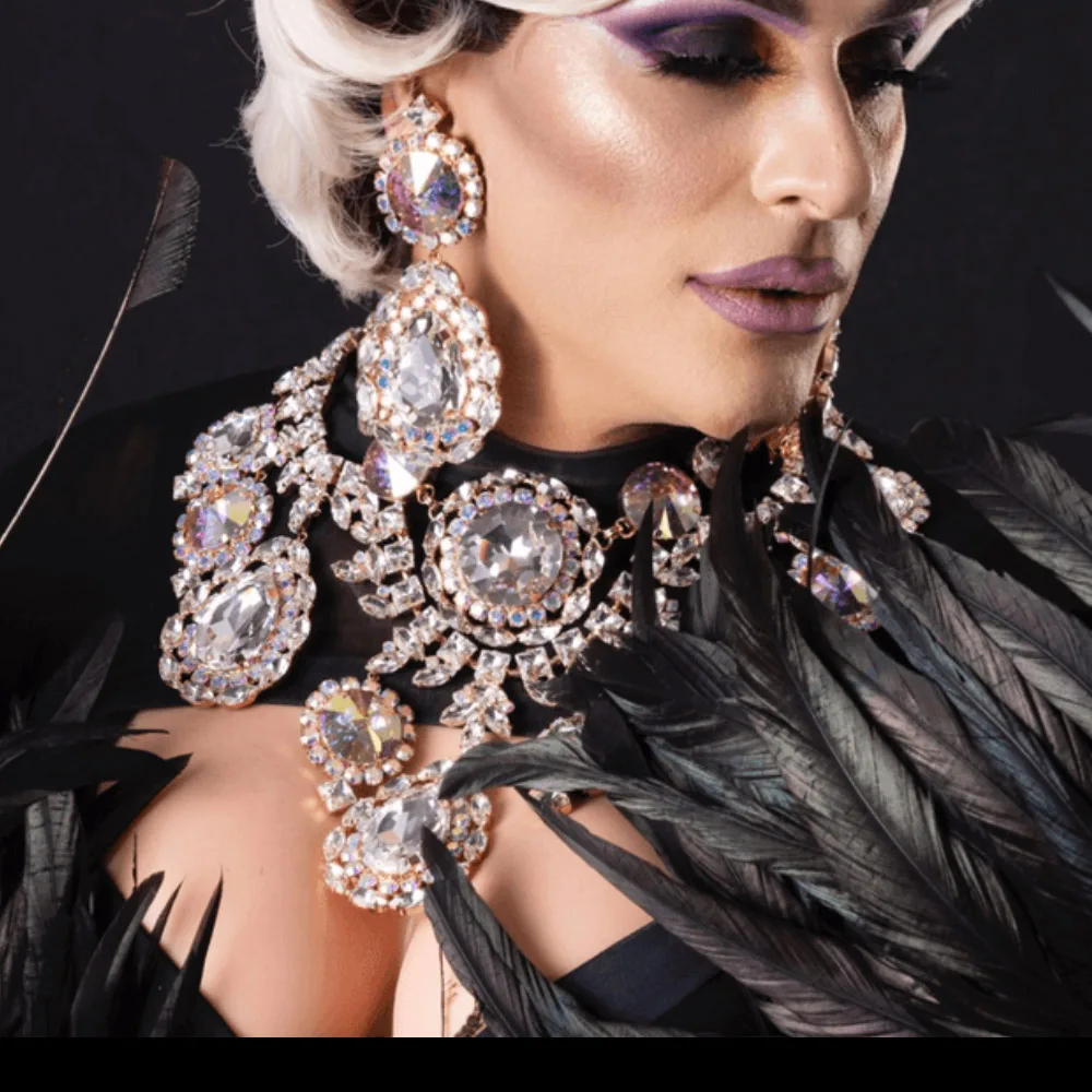 CUIER Round Glass Huge Pendant Necklace Earring Ring for Women Wedding Night Club TV Show Exaggerated Jewelry Set For Drag Queen