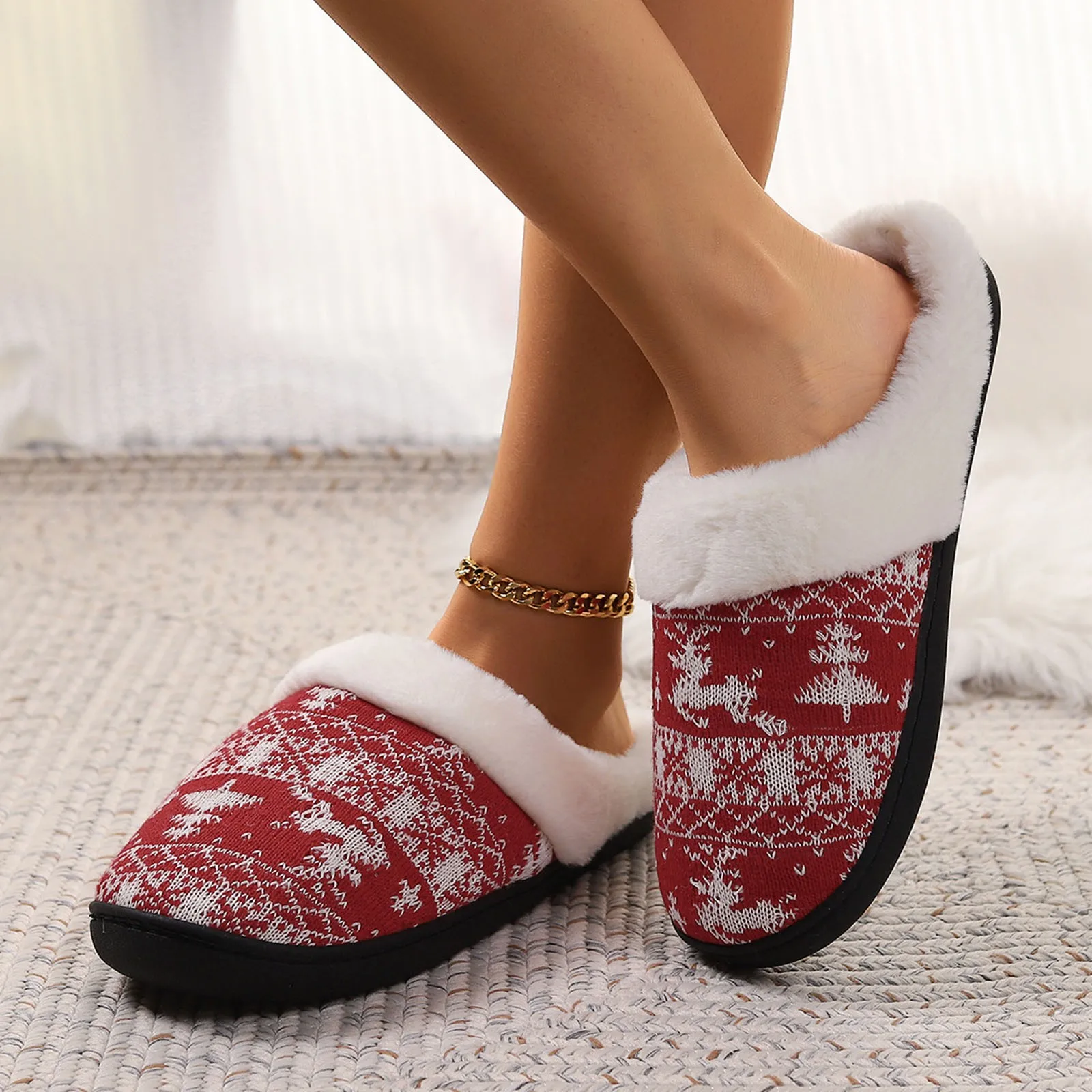 Winter Fur Slippers  Plush Flip Flops Christmas Cotton Indoor Home Shoes  Women Warm House Slippers Floor Shoes Claquette Fourru