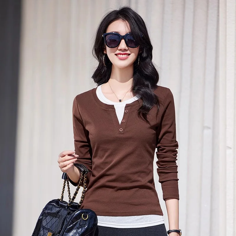 New Women Spring Summer Contrast Color T-shirt Fashion O-Neck Long Sleeve Patchwork T-shirt Casual Simplicity Slim T-shirt