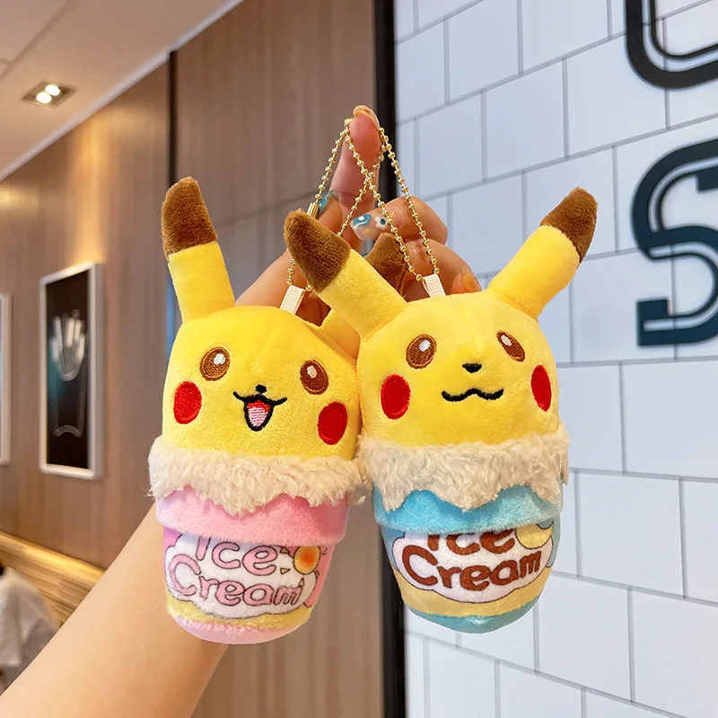 Cute anime spirit Pikachu plush toy keychain with filled ice cream Pikachu doll pendant gift set