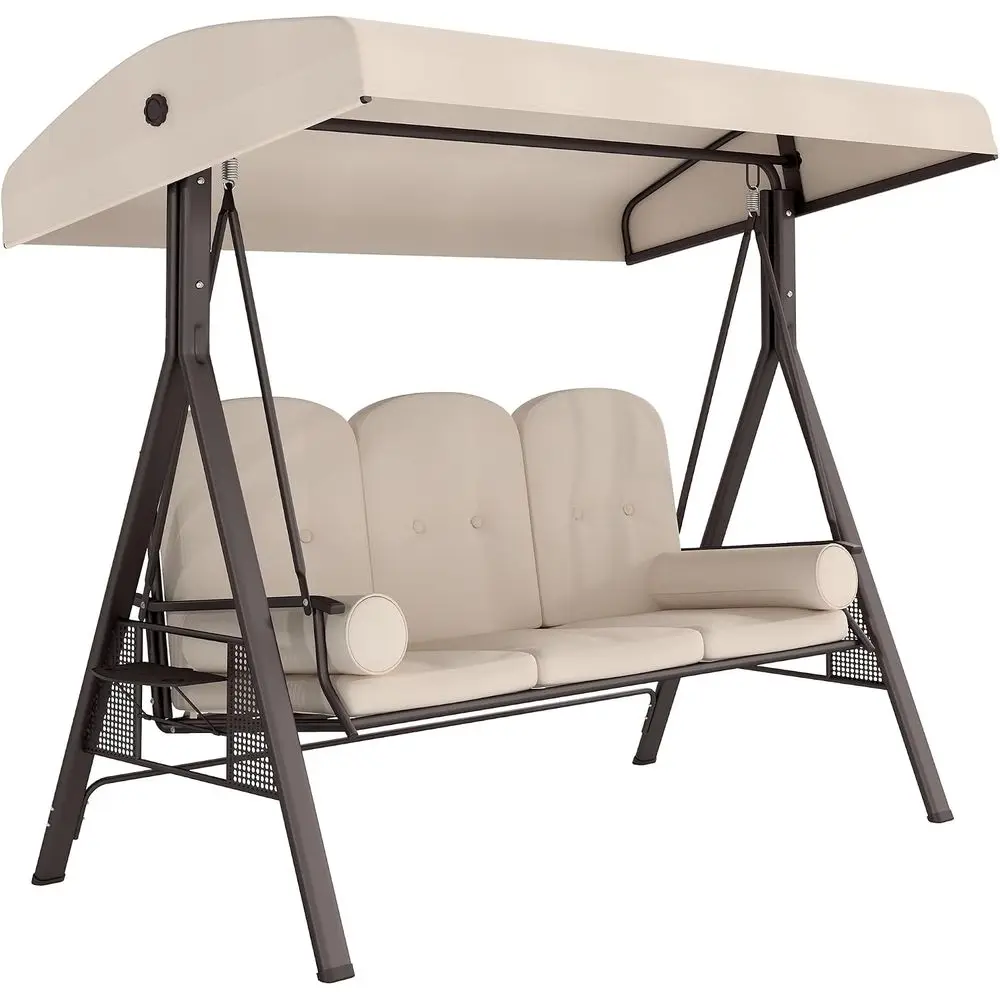 3-Seat Patio Swing Chair Adjustable Beige | Outdoor Porch Swing Glider, Removable Cushion, Pillows, Side Trays, Garden, Poolside